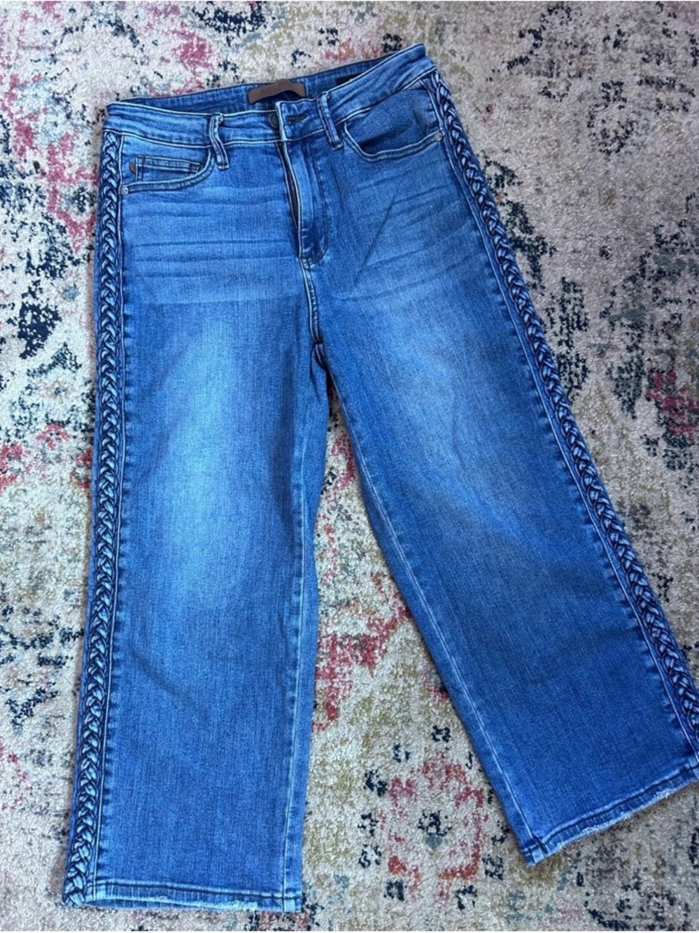 Judy Blue Medium Blue Wide-Leg Jeans with Braided Side Trim